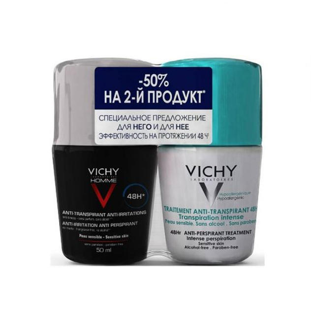 Vichy Набор Дезодорант шариковый интенс-антиперспирант 48 часовРегулирует чрезмерное потоотделение, 50 мл 1+1 50% - Добрая аптека