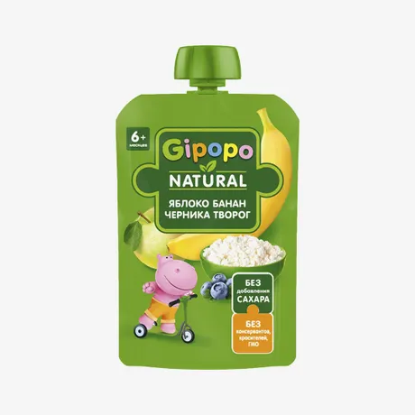GIPOPO Пюре Фруктовое Яблоко Банан Черника Творог 90г пауч GIPOPO Пюре Фруктовое Яблоко Банан Черника Творог 90г пауч - Добрая аптека